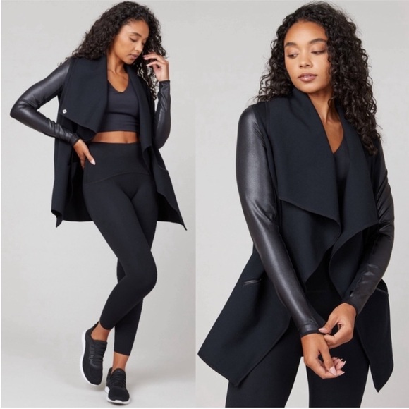 Spanx Jacket Faux Leather Convertible Drape Front in Black - Picture 2 of 11